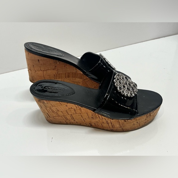 COACH Black‎ patent leather platform slides size 6. - Picture 3 of 7